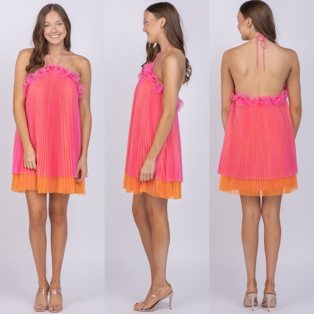 AMUR Pink and Orange Pleated Dress - Picture 13 of 16